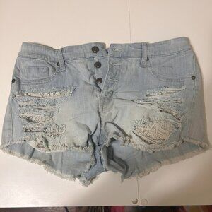 Mossimo light denim distressed high rise button fly shorts size 12